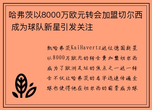 哈弗茨以8000万欧元转会加盟切尔西 成为球队新星引发关注 哈弗茨以8000万欧元转会加盟切尔西 成为球队新星引发关注