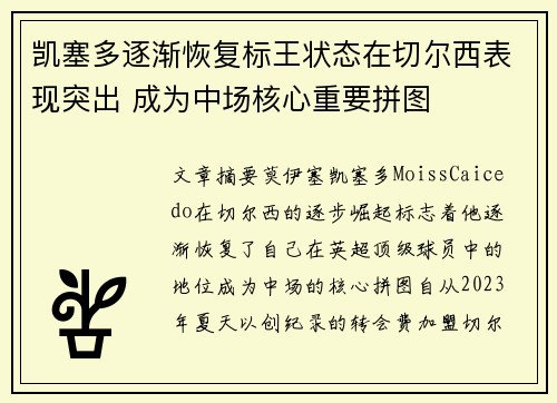 凯塞多逐渐恢复标王状态在切尔西表现突出 成为中场核心重要拼图 凯塞多逐渐恢复标王状态在切尔西表现突出 成为中场核心重要拼图
